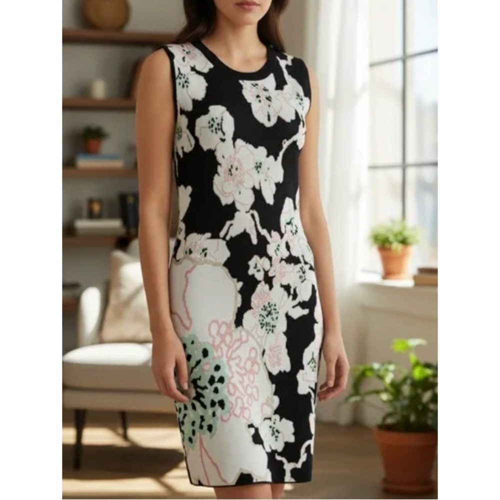 Rachel Roy Womens Floral Intarsia Knit Sleeveless Sheath Dress‎ Black Pink S